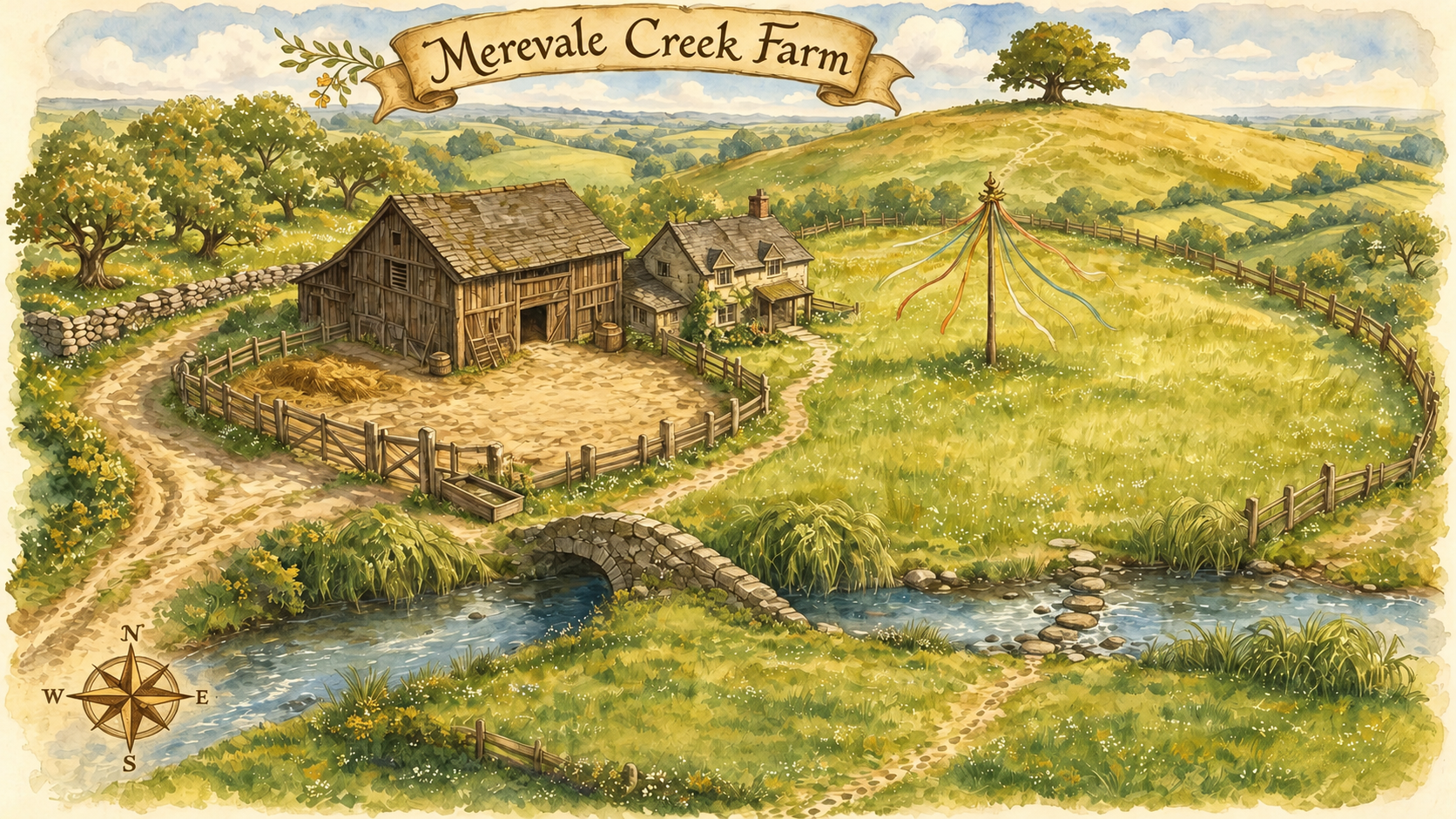 Illustrated view of Merevale Creek Farm: the old barn and farmhouse, a maypole in the meadow, Badger Bridge over Merevale Creek, and the hilltop beyond